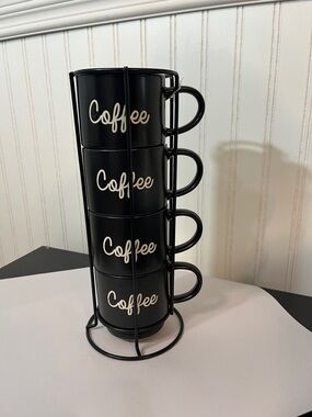 Market Finds Black Coffee Mugs Set of 4 with Metal Stacking Stand Stackable 10oz